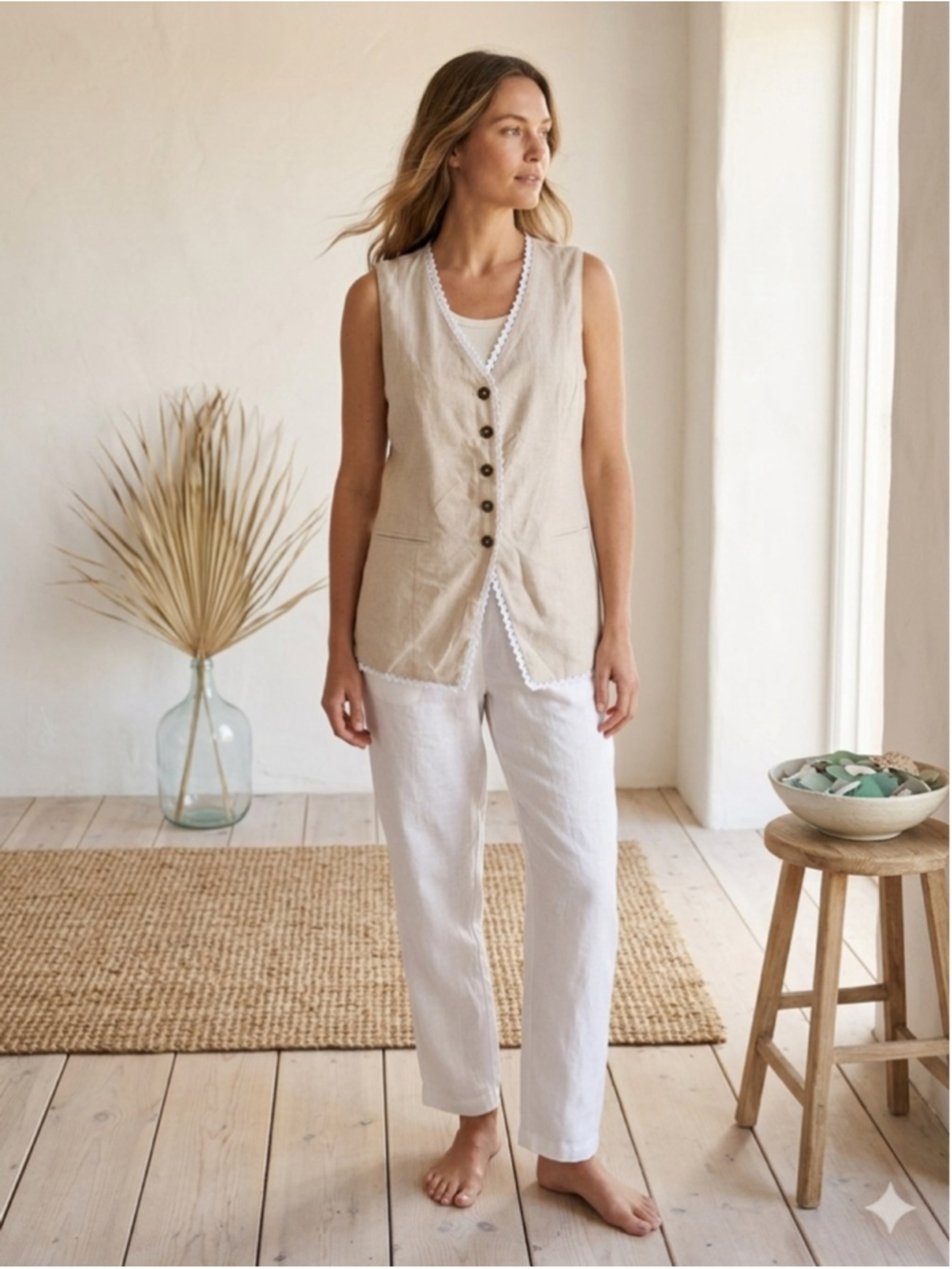 Bagatelle Collection Linen Blend Vest M NWT Lace Trim Button Front Boho Natural